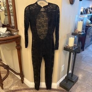 VICTORIA’S SECRET Black Lace Sheer Open Back Long Sleeve Jumpsuit Size Medium